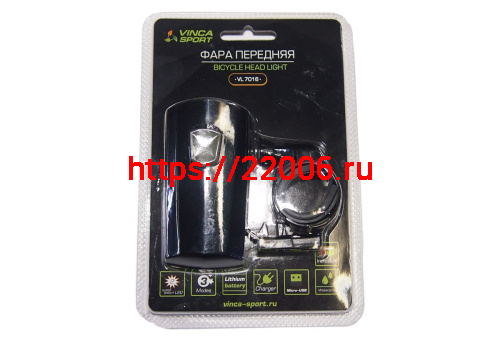 Фара  Вело передняя, 2 суперярких диод, USB кабель, 3 реж.раб, инд.уп. Vinca Sport